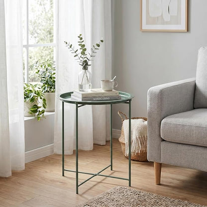 VECELO Side/End Table, Folding Round Metal Anti-Rust and Waterproof Outdoor or Indoor Tray for Living Room Bedroom Balcony and Office, 2 PCS, Dark Green