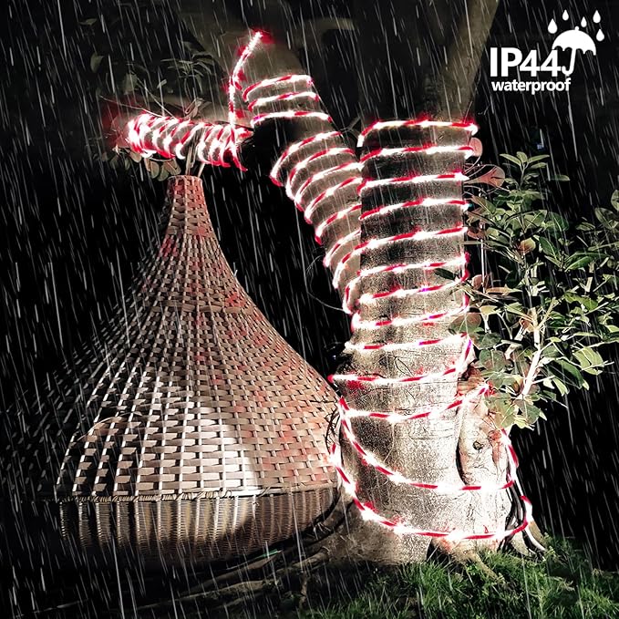 YEGUO Solar Christmas Candy Cane Rope Lights, 2 Packs Each 33ft 100 LED Red & White Solar Rope Light Outdoor Waterproof Decorations String Tube Lights