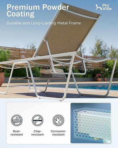 PHI VILLA 78“ Oversized Outdoor Chaise Lounge Chair, Foldable & Assemble Patio Lounge Chair with 5 Adjustable Backrest for Outside Poolside Beach Pool, Beige