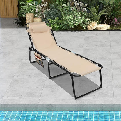 GYMAX Lounge Chairs for Outside, Extra High Folding Beach Tanning Lounger with Adjustable Backrest, Footrest & Removable Pillow, Sunbath Lounge for Patio, Lawn, Poolside (1, Beige with Pocket)