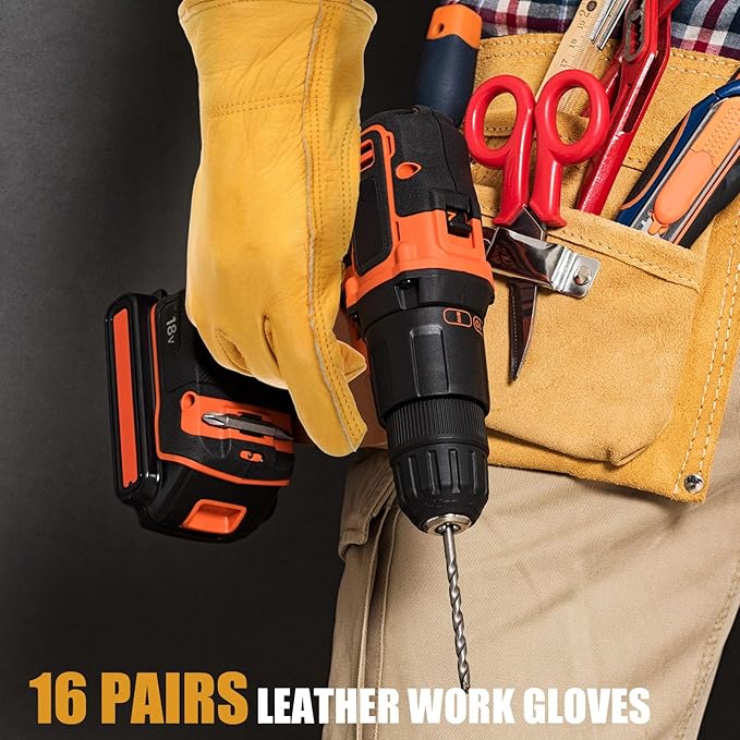 Sintuff 16 Pairs Men's Cowhide Leather Gloves Cowhide Leather Gardening Gloves with Reinforced Palm Stretchable Wrist Tough for Wood Cutting, Construction, Driving, Garden Working(Medium,Yellow)