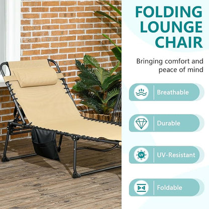 Sun Tanning Chair with Face Hole, Heavy Duty Adjustable 5-Position Folding Laying Out Chairs for Tanning, Beach Lounge Chairs for Adults for Outdoor Sunbathing Patio Pool Lawn (Deep Beige)