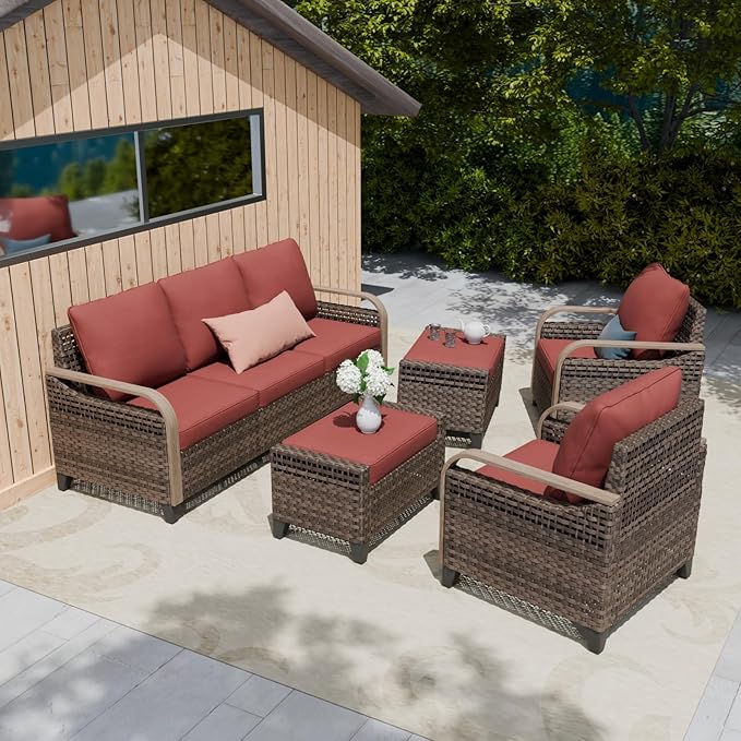 COOS BAY Modern Wicker Outdoor Furniture Set, Patio Conversation Set with Patio Chairs, 3 Seat Couch, and Ottomans, 5 Piece, Brown/Red