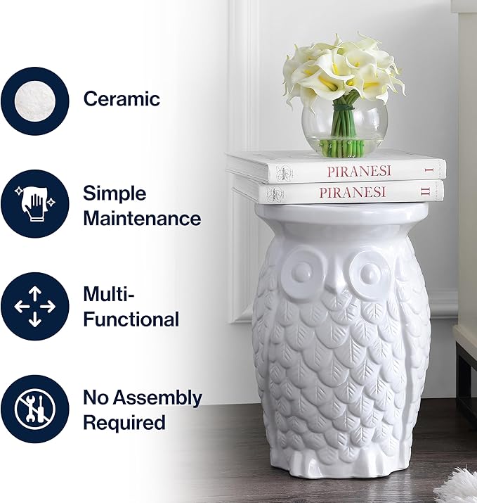 JONATHAN Y TBL1023A Groovy Owl 17.5" Ceramic Indoor/Outdoor Garden Stool Traditional, Cottage, Classic, Bohemian, Side Table, Plant Stand, Spill-Proof, Living Room, Garden Room, Patio, White