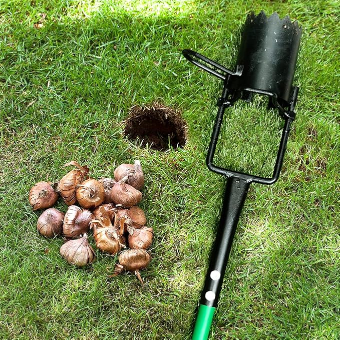 Bulb Planter Tool, Sod Plugger with Long Handle Serrated Base, 5-in-1 Lawn Plug Garden Tool for Transplanting, Digging, Grass Plug, Soil Sampler, Planting for Tulips, Iris, Daffodils