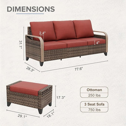 COOS BAY Modern Wicker Outdoor Furniture Set, Patio Conversation Set with 3 Seat Couch, and Ottomans, 3 Piece, Brown/Red