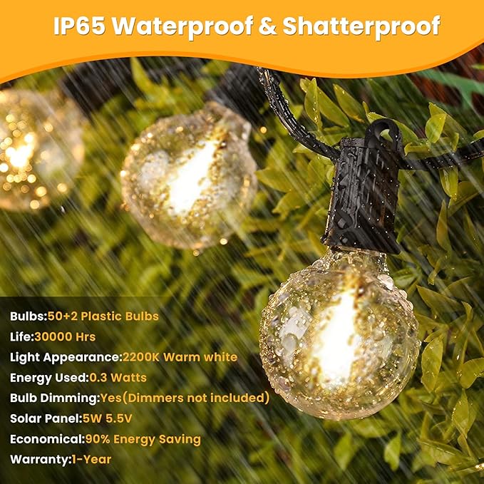ZOTOYI Solar String Lights Outdoor Waterproof IP65 100FT with USB Port and 50+2 Shatterproof G40 Bulbs, Up to 8-12 Hours for Using, LED Solar Powered Patio Lights for Outside, Patio, Porch, 2200K