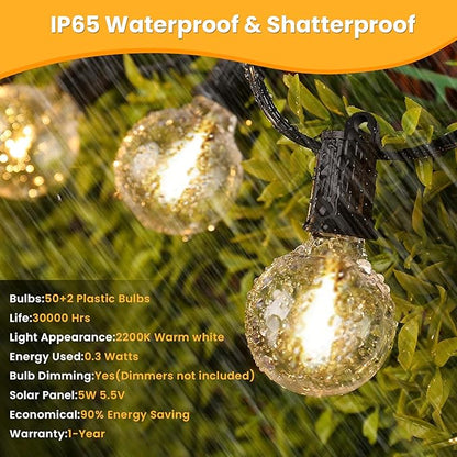 ZOTOYI Solar String Lights Outdoor Waterproof IP65 100FT with USB Port and 50+2 Shatterproof G40 Bulbs, Up to 8-12 Hours for Using, LED Solar Powered Patio Lights for Outside, Patio, Porch, 2200K