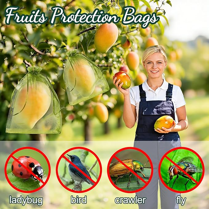 100pcs Green Fruit Netting Bags,5.9x7.9 Inch Drawstring Mesh Pest Bird Barrier for Tomato Apple Peach Plum Garden Fruits