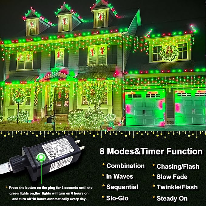 Icicle Lights for Outside, 66ft 640 LED Red and Green Christmas Lights 8 Modes with 120 Drops, Waterproof Christmas Icicle Light Outdoor Plug in for Indoor Party Holiday Halloween Decorations