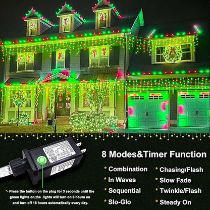 Icicle Lights for Outside, 66ft 640 LED Red and Green Christmas Lights 8 Modes with 120 Drops, Waterproof Christmas Icicle Light Outdoor Plug in for Indoor Party Holiday Halloween Decorations