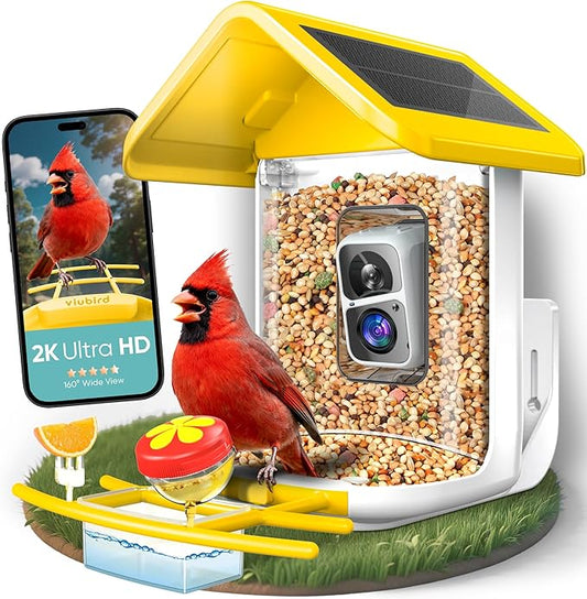 Bird Feeder with Camera Solar Powered - Smart Bird Feeder Camera 2K HD Live Stream, 5MP Photos, AI Identification for Backyard, 2.4Lb Large Capacity, Gifts for Mom Dad, Yellow White