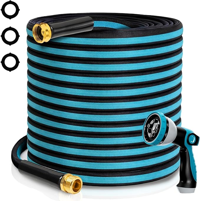 50FT Non-Expandable Garden Hose, Flexible Water Hose with Spray Nozzle, Kink-Resistant, Leakproof 3/4" Brass Connectors, Lightweight & Portable Water Pipe for Yard, Lawn Outdoor