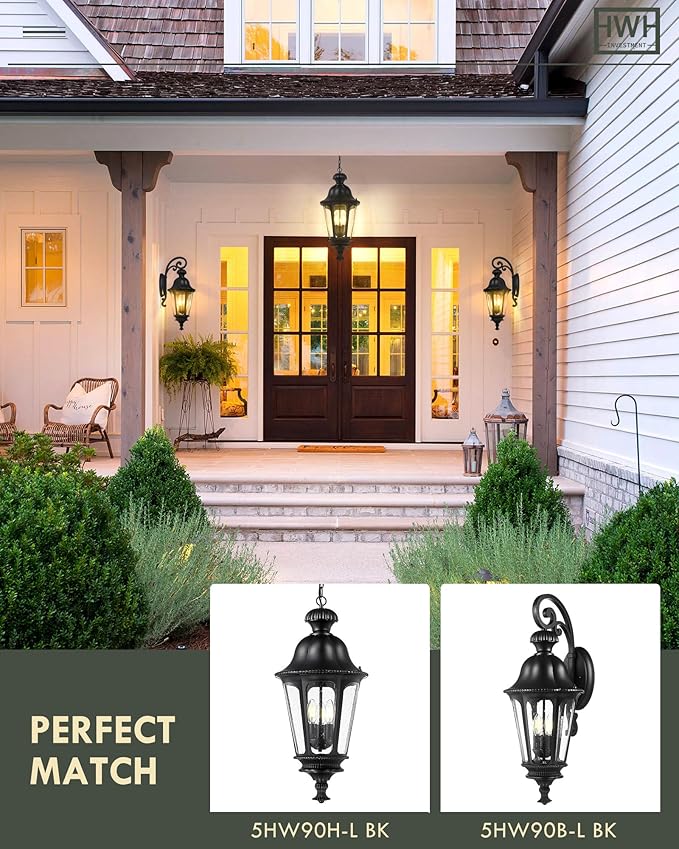 Outdoor Light Fixtures, HWH Exterior Wall Sconce Lantern with Seeded Glass, 29'' Large Outdoor Wall Lamp Antique Porch Light for Patio Garage Entryway, Matte Black Finish, 5HW90B-L BK