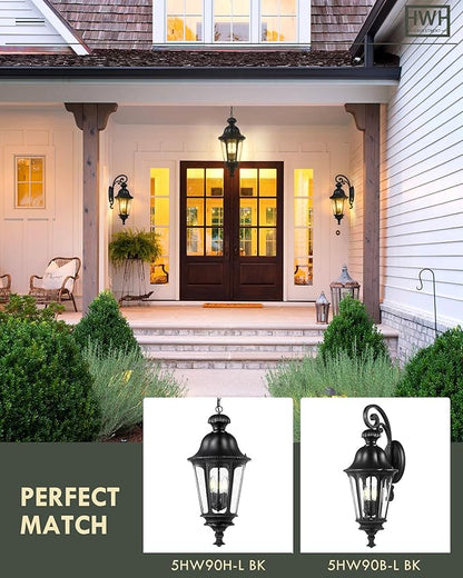 Outdoor Light Fixtures, HWH Exterior Wall Sconce Lantern with Seeded Glass, 29'' Large Outdoor Wall Lamp Antique Porch Light for Patio Garage Entryway, Matte Black Finish, 5HW90B-L BK