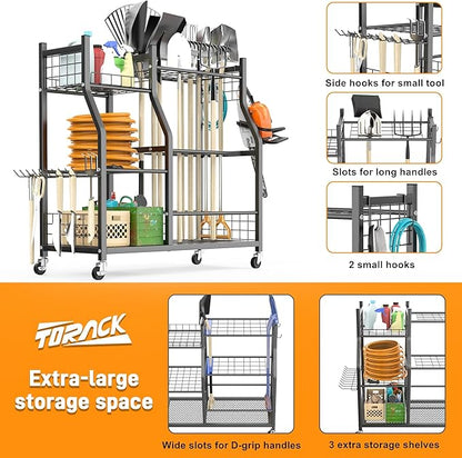 TORACK Garden Tool Organizer with Wheels, Rakes Shovels Yard Tools Stand for Garage, Shed, Garden, Indoor/Outdoor Long-Handled Tools Cart