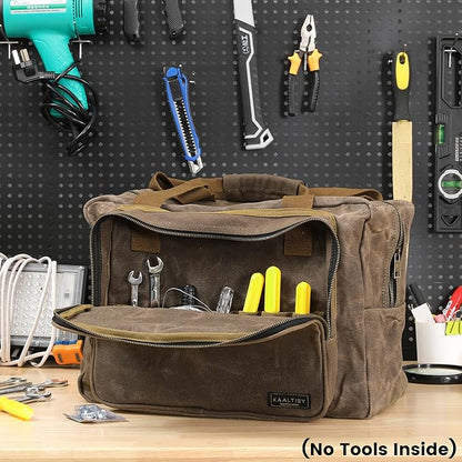 Kaaltisy 16oz Waxed Canvas Tool Bag – Robust Zipper Garden Tools Tote with 3 Compartments & Padded Handle (Grey) – Tool Organizer for Gardening Wire Cutters Goggles
