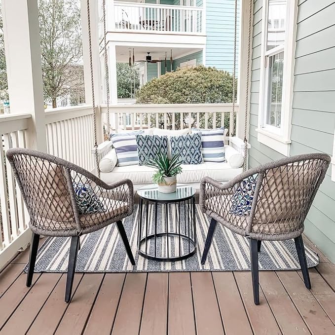 PHI VILLA 3 Pieces Patio Conversation Bistro Set, 2 Hand-Woven Olifin Rope Cushioned Chairs and 1 Glass Top Coffee Table Outdoor Furniture Set for Porch, Backyard - Grey with Beige Cushion