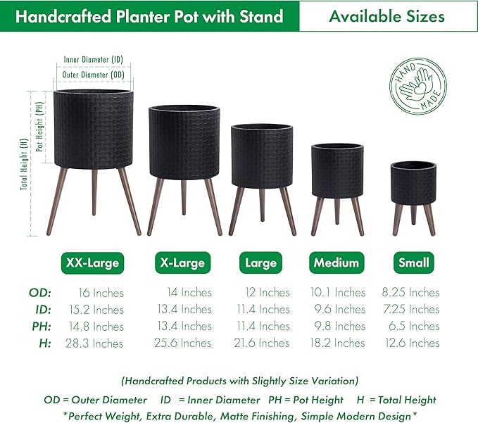 D'vine Dev 16 Inch Modern Geometric Tile Patterned Sleek Planter Pot with Stand, Indoor Outdoor Decorative Plant Holder, Matte Black, 88-Z-E-2