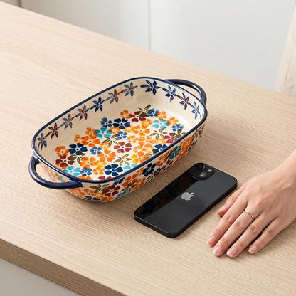 Ceramic Baking Dish with Handles, Hand-painted Polish Pottery Baking Dish Set of 2,Baking Pan Lasagna Pan, Rectangular, Floral Pattern, Oven Safe, 13.22x7.5x2.8 Inch (orange)