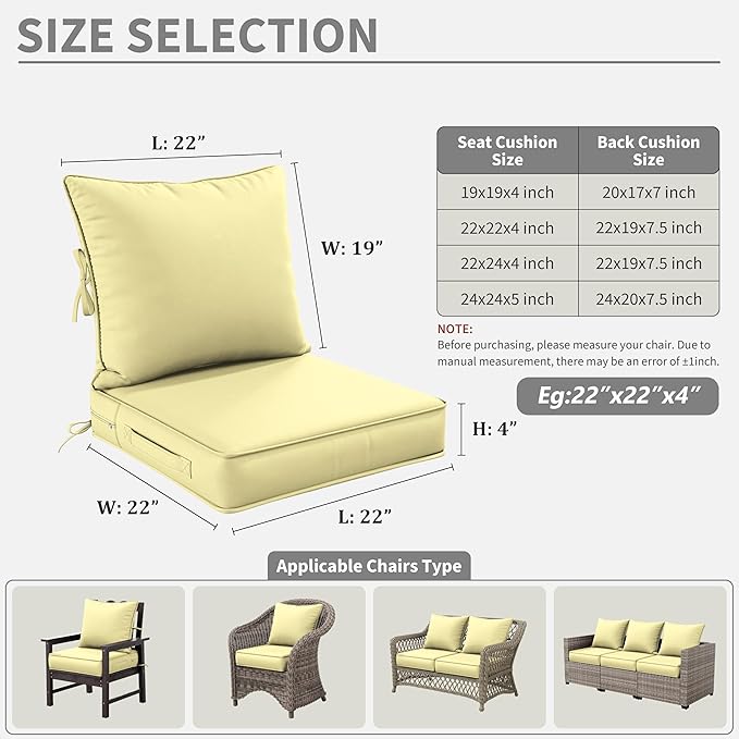 Premium Outdoor Seat Cushion Chair Cushions for Patio Furniture 22 L X 22 W X 4 H Waterproof & Fade Resistant Deep Seat and Backrest Cushion Set with Removable Covers for Chair, Sofa