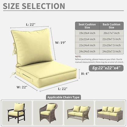 Premium Outdoor Seat Cushion Chair Cushions for Patio Furniture 22 L X 22 W X 4 H Waterproof & Fade Resistant Deep Seat and Backrest Cushion Set with Removable Covers for Chair, Sofa