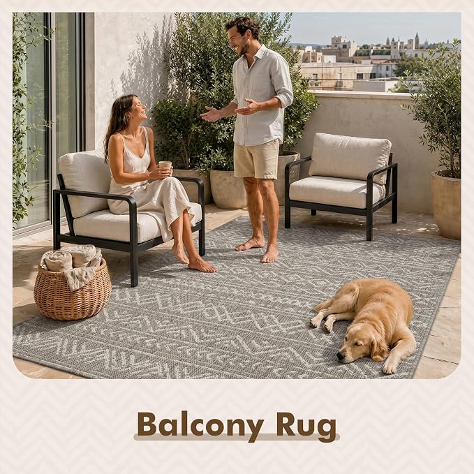 MontVoo-Outdoor Rug-Patio Rug 4x6 Polypropylene Indoor Outdoor Rugs Outdoor Carpet for Patio Deck Balcony Porch, Textured Weave, Durable for High Traffic, Fade-Resistant, Boho Farmhouse Silver Grey