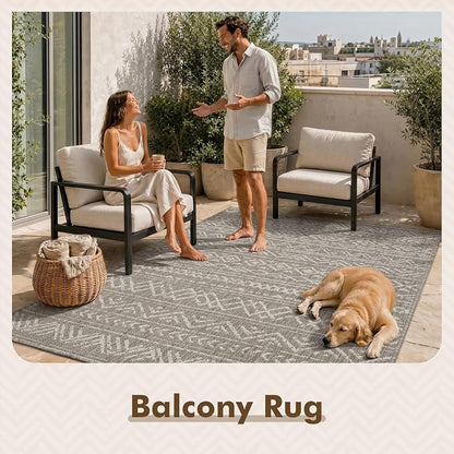 MontVoo-Outdoor Rug-Patio Rug 4x6 Polypropylene Indoor Outdoor Rugs Outdoor Carpet for Patio Deck Balcony Porch, Textured Weave, Durable for High Traffic, Fade-Resistant, Boho Farmhouse Silver Grey