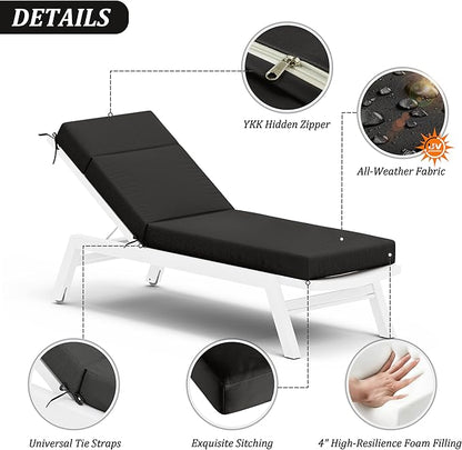 Chaise Lounge Cushion for Outdoor Furniture, Waterproof Fade and Tear Resistant Lounge Deck Chair Cushions for Patio Lawn Pool Resort Hotel