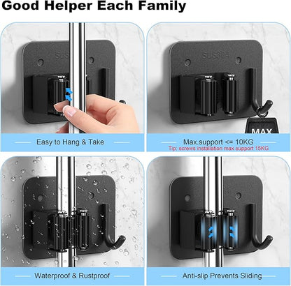 2 Pack Broom Holder Wall Mount, 304 Stainless Steel Mop Organizer with Hooks, No Drill Adhesive and Screw Installation, Rust Proof Storage Rack for Garage, Laundry, Garden, Black