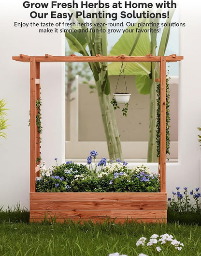 GarveeLife Raised Garden Bed with Trellis, 45 in Wood Planter Box with Side Trellis, Hanging Roof, and 4 Drainage Holes, Freestanding Elevated Garden Bed for Climbing Plants, Vines, Flowers