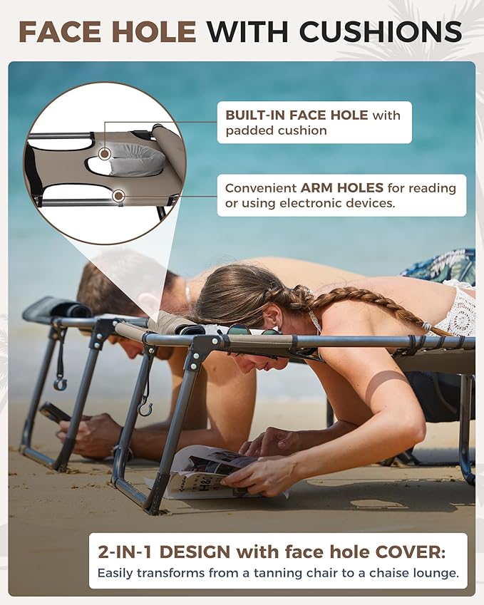 KingCamp 2 Pack Tanning Chair with Face Hole, Lounge Chairs Outdoor Folding Portable Comfy Adjustable 5-Position Lay Flat Foldable Chaise Chaser Lounger for Outside Beach Patio Sun bathing Pool, Beige