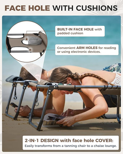 KingCamp 2 Pack Tanning Chair with Face Hole, Lounge Chairs Outdoor Folding Portable Comfy Adjustable 5-Position Lay Flat Foldable Chaise Chaser Lounger for Outside Beach Patio Sun bathing Pool, Beige