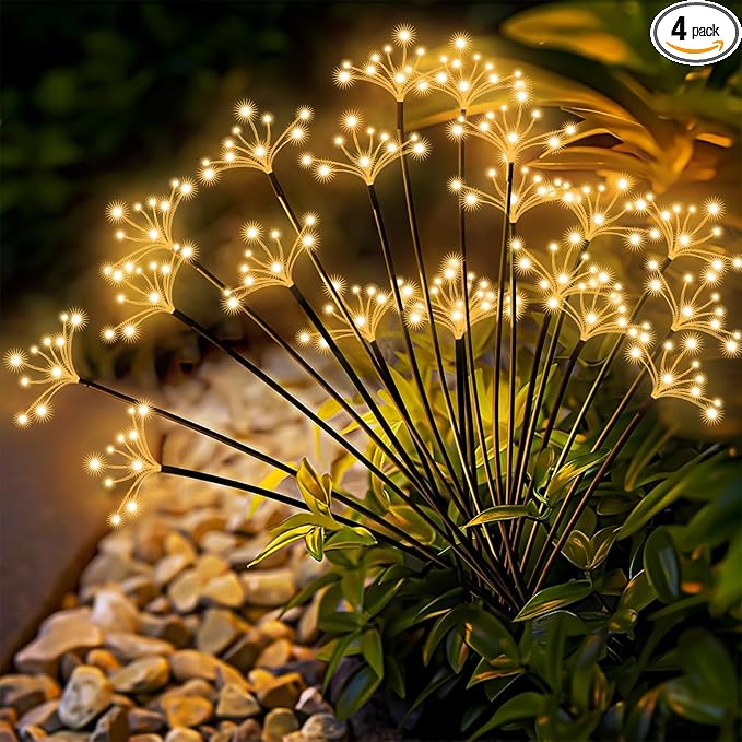 Solar Garden Lights 4 Pack Waterproof Solar Swaying Starburst Light Outdoor Lights for Yard Patio Walkway Pathway Party Wedding Christmas Decoration, Warm White