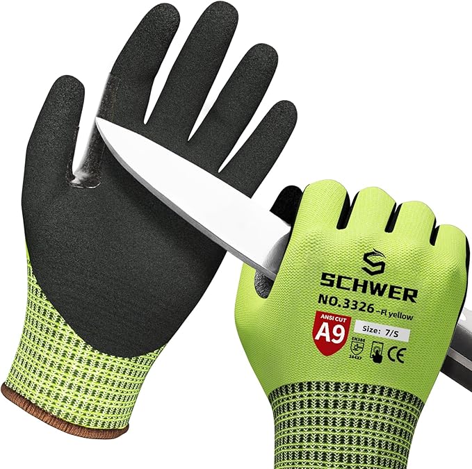 Schwer ProGuard Highest Level Cut Resistant Work Gloves PR3326 for Extreme Protection，ANSI A9 Cut Gloves with Reinforced Thumb, Non Slip, Breathable, Durable, Touch-screen, Yellow1 Pair（S）