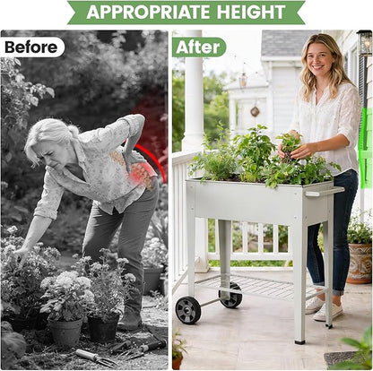 Tall Raised Garden Bed Outdoor with Wheels, Metal Elevated Raised Planter Box with Drainage Holes for Vegetables, Flower, Herbs(Grey)