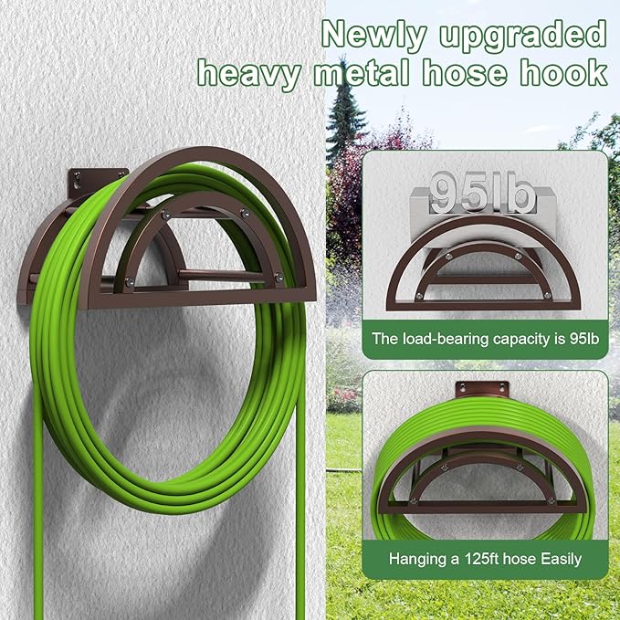 OLV Garden Hose Holder, Outdoor Hose Holder Wall Mounted Holds 125-ft Hose, Heavy Duty Metal Hose Hanger, Sturdy Detachable Hose Reel Storage Organizer, Hose Rack for Outside Garden Lawn Yard, Bronze
