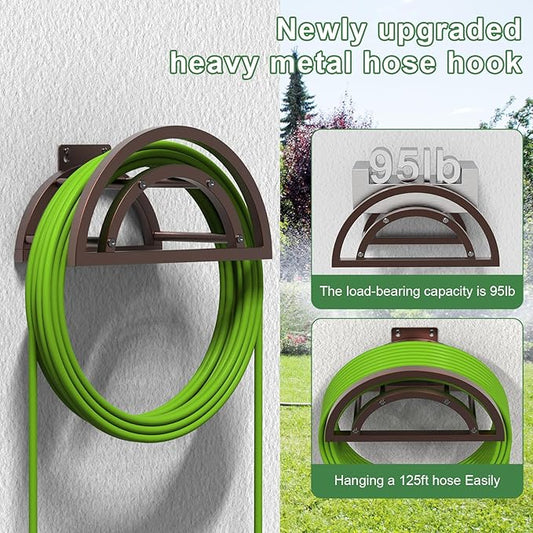 OLV Garden Hose Holder, Outdoor Hose Holder Wall Mounted Holds 125-ft Hose, Heavy Duty Metal Hose Hanger, Sturdy Detachable Hose Reel Storage Organizer, Hose Rack for Outside Garden Lawn Yard, Bronze