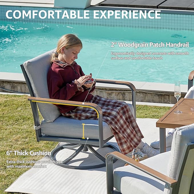 NATURAL EXPRESSIONS 5 Piece Patio Furniture Set, Outdoor Conversation with 4 Pcs Swivel Rocking Chairs and 27" Double-Layer Coffee Table 6" Thick Cushions for Balcony, Backyard, Deck (Light Gray)