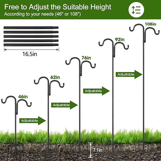 Double Shepherds Hooks for Outdoor, 108" Heavy Duty Bird Feeder Pole with 5 Prong Base, Adjustable Shepherds Hook for Bird feeders Outside, Garden, Weddings, Hanging Plants, 1 Pack, Black