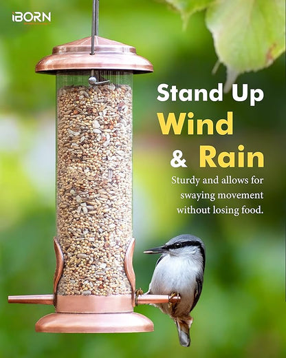 iBorn Metal Bird Feeder Hanging Wild Bird Feeders for Mix Seed Blends Heavy Duty All Metal Finishing, Copper Finish, 9 Inch 2 Port (Seed is not Included)