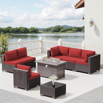 8 Pieces Outdoor Patio Furniture Set with 43" 55000BTU Gas Propane Fire Pit Table, PE Wicker Rattan Outdoor Sectional Patio Set, Outdoor Patio Conversation Set, Red