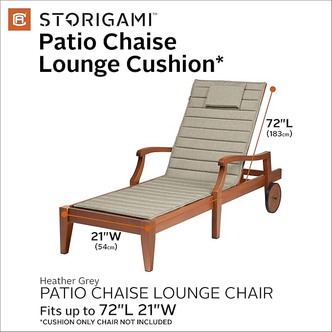 Classic Accessories Storigami Water-Resistant 72 x 21 Inch Chaise Lounge Cushion, Heather Grey, Patio Cushion