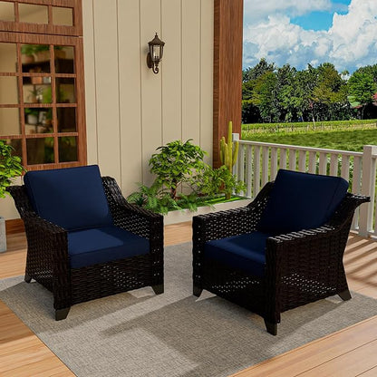 VistaVibe 2 Pieces Outdoor Armchairs, Patio Conversation Furniture Set, Washable Cushions, Luxurious Hand-Woven PE Rattan, Garden, Bistro, Deck, Backyard (Brown/Navy)