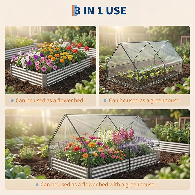Raised Garden Bed with Cover, 6x3x1 Ft Raised Garden Beds Outdoor Galvanized Metal Planter Box with 2 Screen Windows, Mini Greenhouse for Vegetables and Flowers