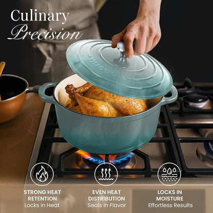 Nuovva Enamelled Cast Iron Dutch Oven Pot with Lid 6.4 Quart Non Stick Casserole Pot-Heavy Duty & Oven Safe up to 500° F for Bread Baking, Braising, Stews, Roasting - 28cm Sea Salt