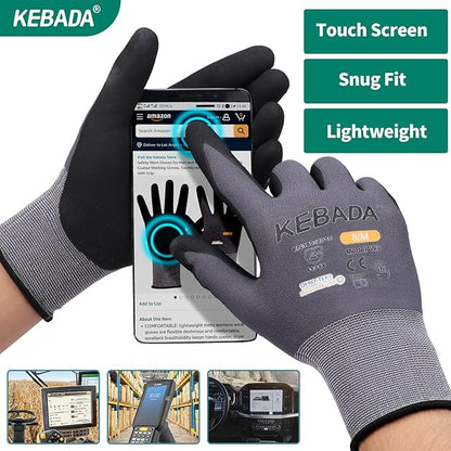 Kebada W2 Safety Work Gloves, Micro-Foam Nitrile Coated Gloves, Touchscreen,Ideal for Package Handling, Gardening, Construction, 1 Pair Small