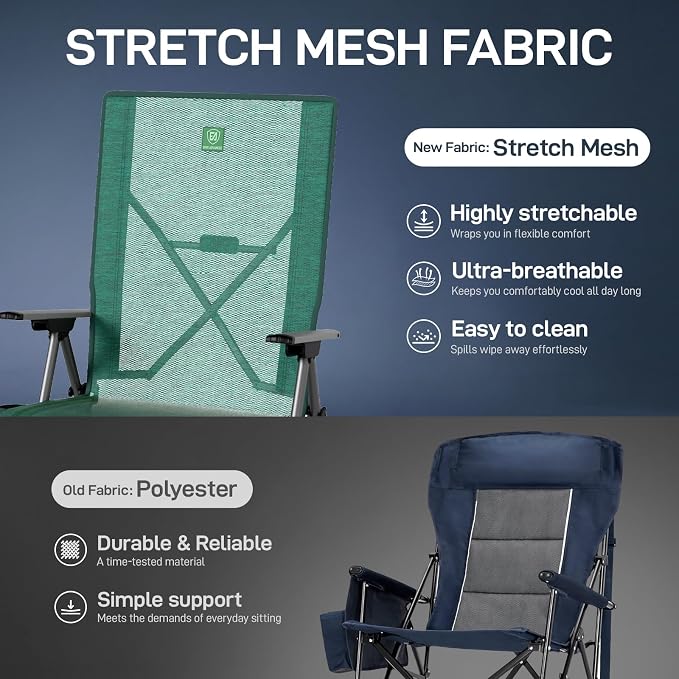 EVER ADVANCED Reclining Camping Chairs for Adult Lightweight, Portable Compact Folding Chair with High Back, 4-Level Recliner Chairs, Lawn Chair for Patio Balcony, Supports 350lbs, Stretch Mesh Green