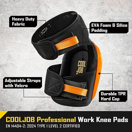 COOLJOB Professional Knee Pads with Heavy Duty Anti-Slip Cap, Comfortable Foam Cushion and Extra Thick Gel Padding for Construction Flooring, Reinforced & Adjustable Straps, Orange