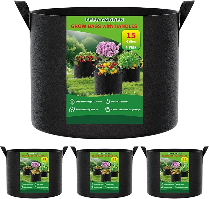 FEED GARDEN 15 Gallon Grow Bags 4 Pack – Heavy Duty 300G Thick Fabric Plant Pots with Reinforced Handles, Breathable Drainage Planters for Tomatoes, Potatoes & Large Vegetables Indoor Outdoor